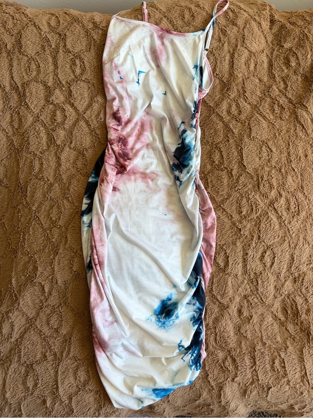 Women's White Tie-Dye Bodycon Dress with Pink & Blue Accents